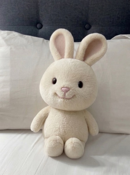 White bunny plush resting on a cozy pillow, Hvile's brand mascot