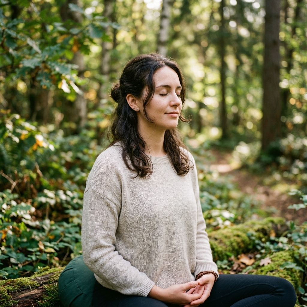Person with hands on chest practicing slow breathing to calm anxiety