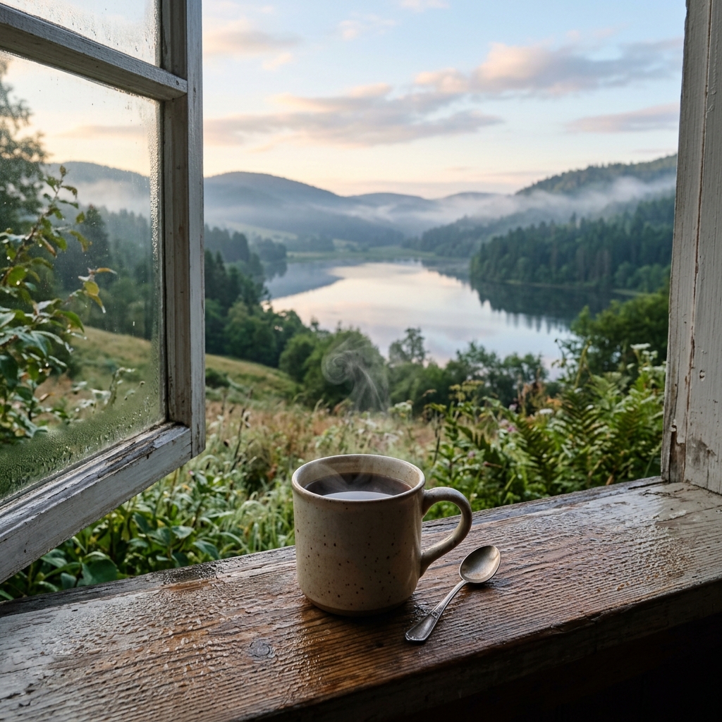A cup of coffee resting on a windowsill overlooking nature