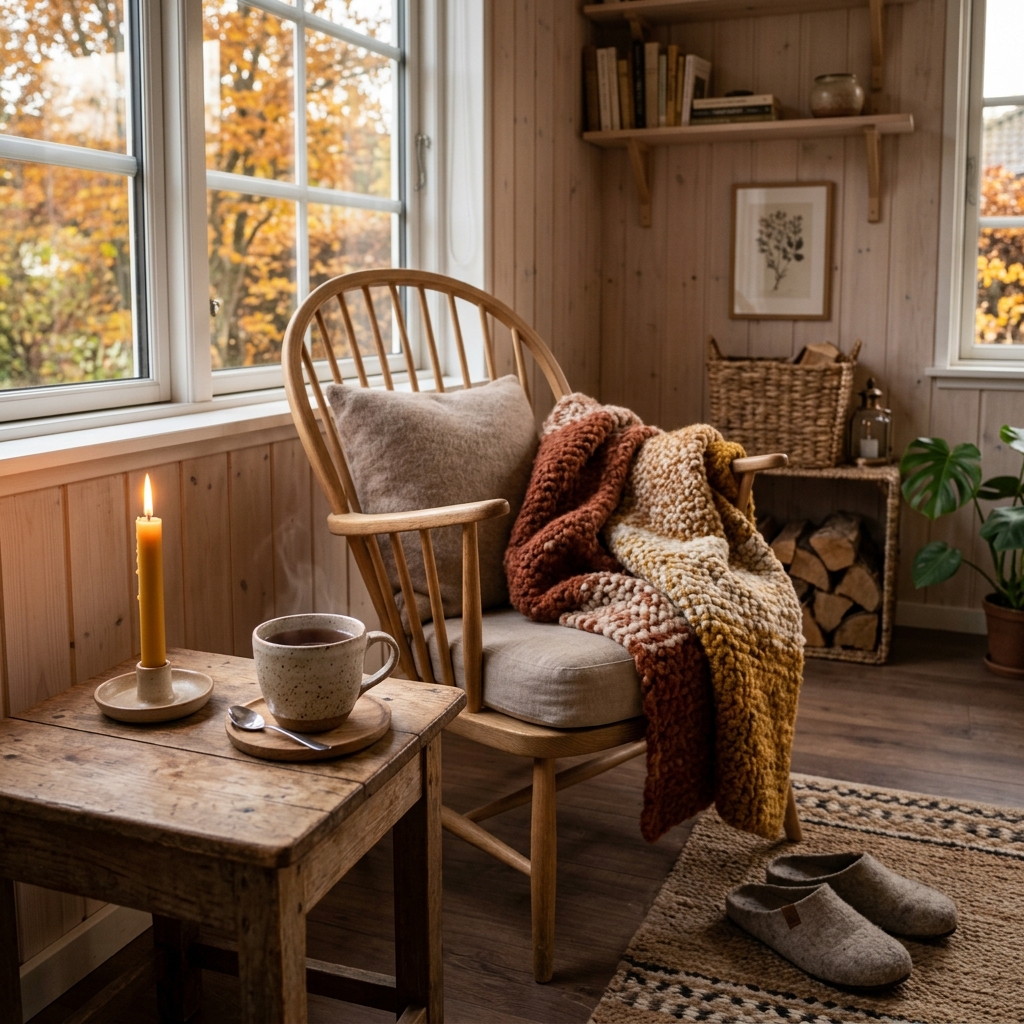 Cozy autumn Danish living room corner with wool blanket, wooden chair, and tea, representing Hygge.