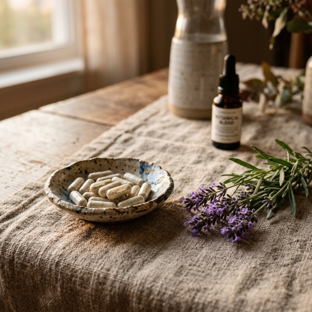 Rustic ceramic dish holding capsules next to fresh lavender sprigs on a linen cloth.