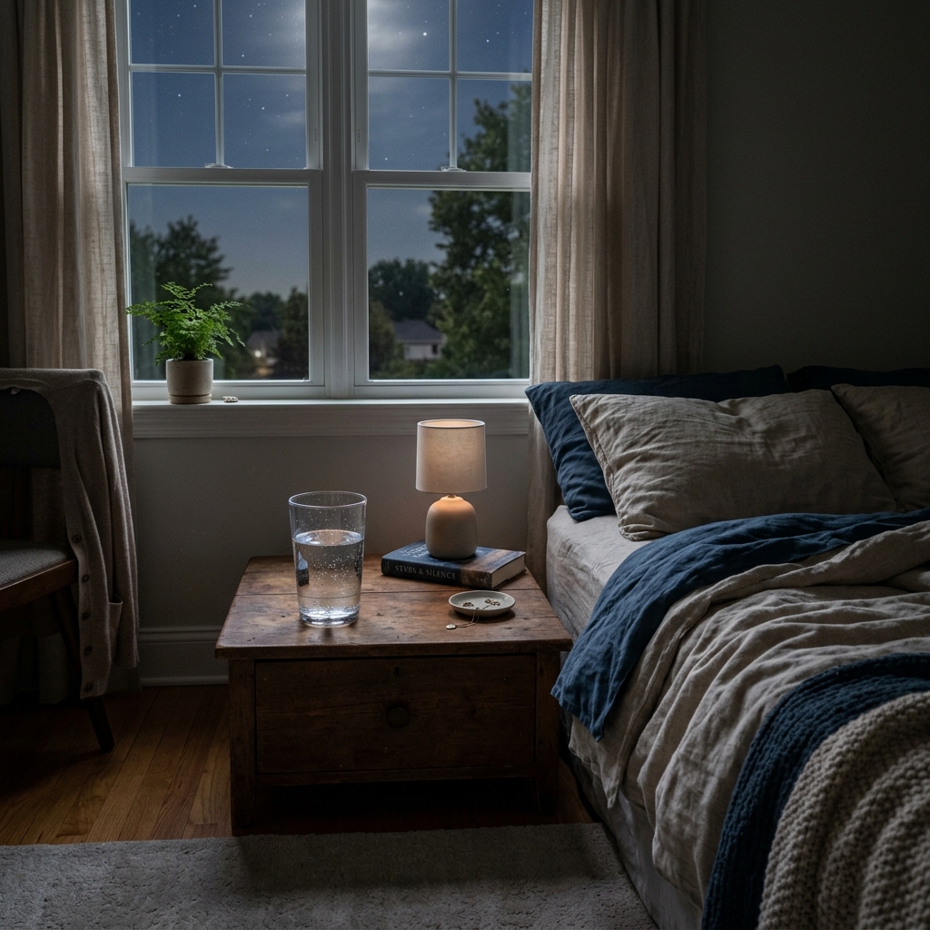 Moonlit bedside table with a glass of water, showing why people wake up at 3 AM.