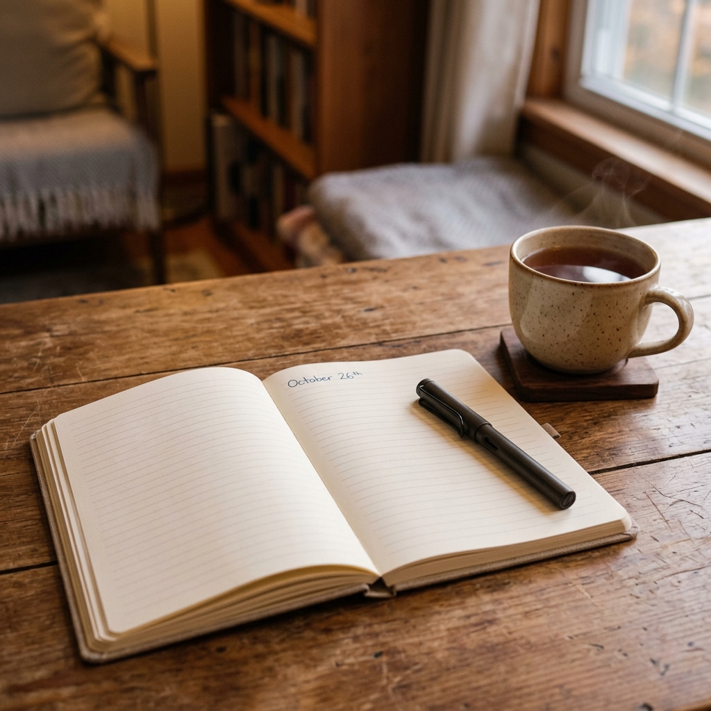 Open notebook and pen beside a soft lamp representing the worry budget technique for stopping nighttime overthinking