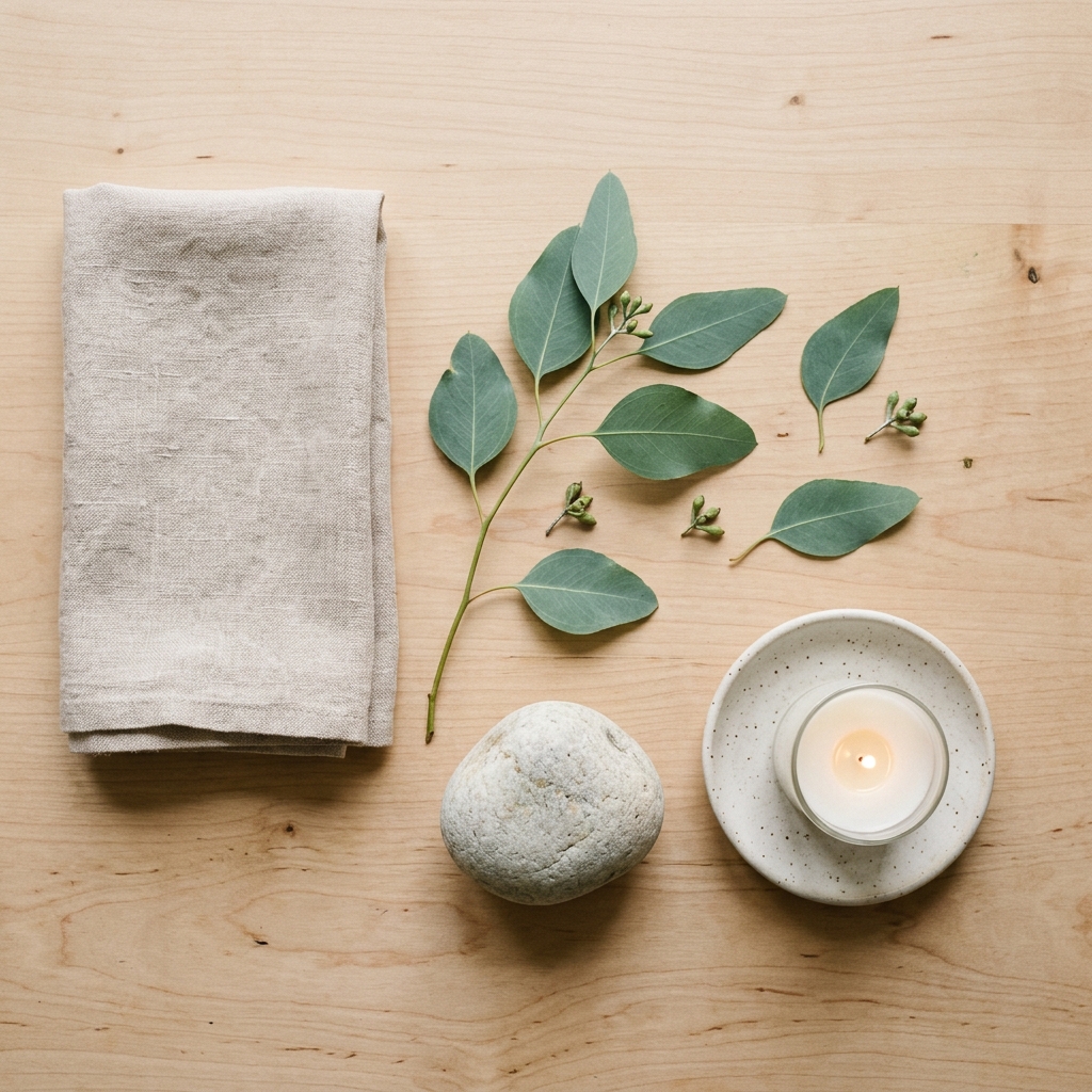 A minimalist flat lay of a linen napkin, green eucalyptus leaves, a smooth stone, and a single candle on a light wood table