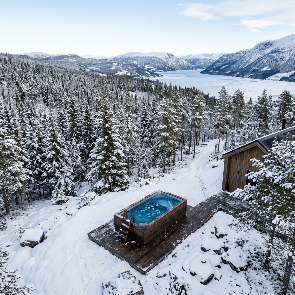 An aerial view of a clean wooden outdoor ice bath next to a snowy pine forest in Norway