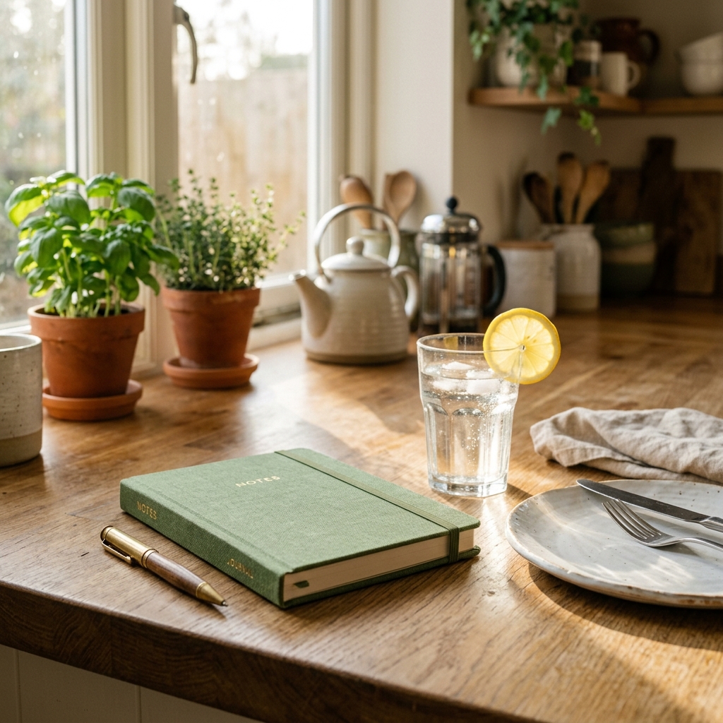 sunlit kitchen counter showing a closed green notebook next to a fresh glass of water with lemon slice