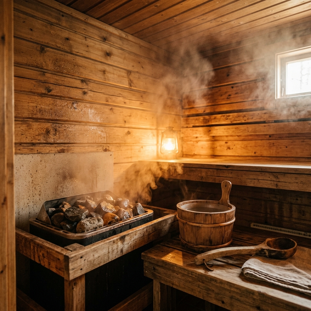 Interior of a wooden sauna cabin showing hot stones on a stove with rising steam and wooden bucket