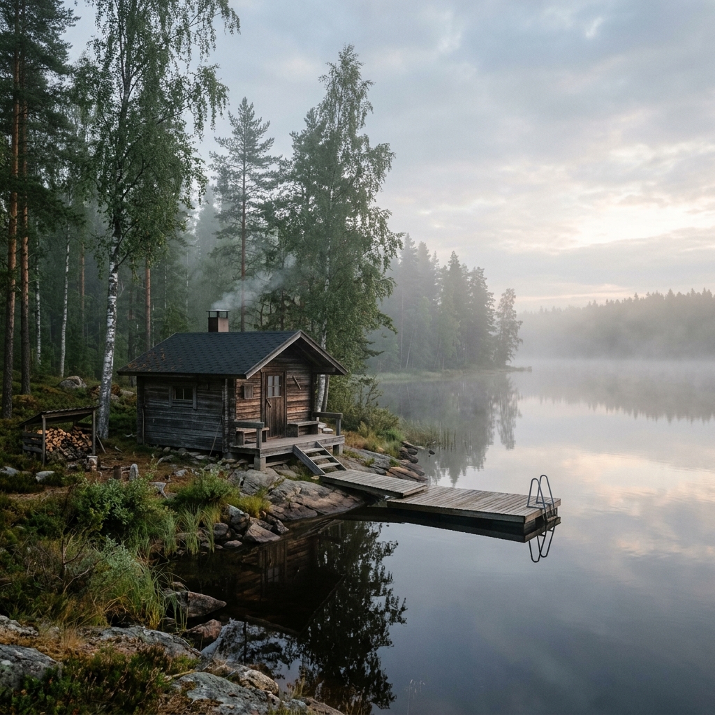 A solitary wooden cabin on the edge of a calm, misty Finnish lake surrounded by pine and birch trees at dawn