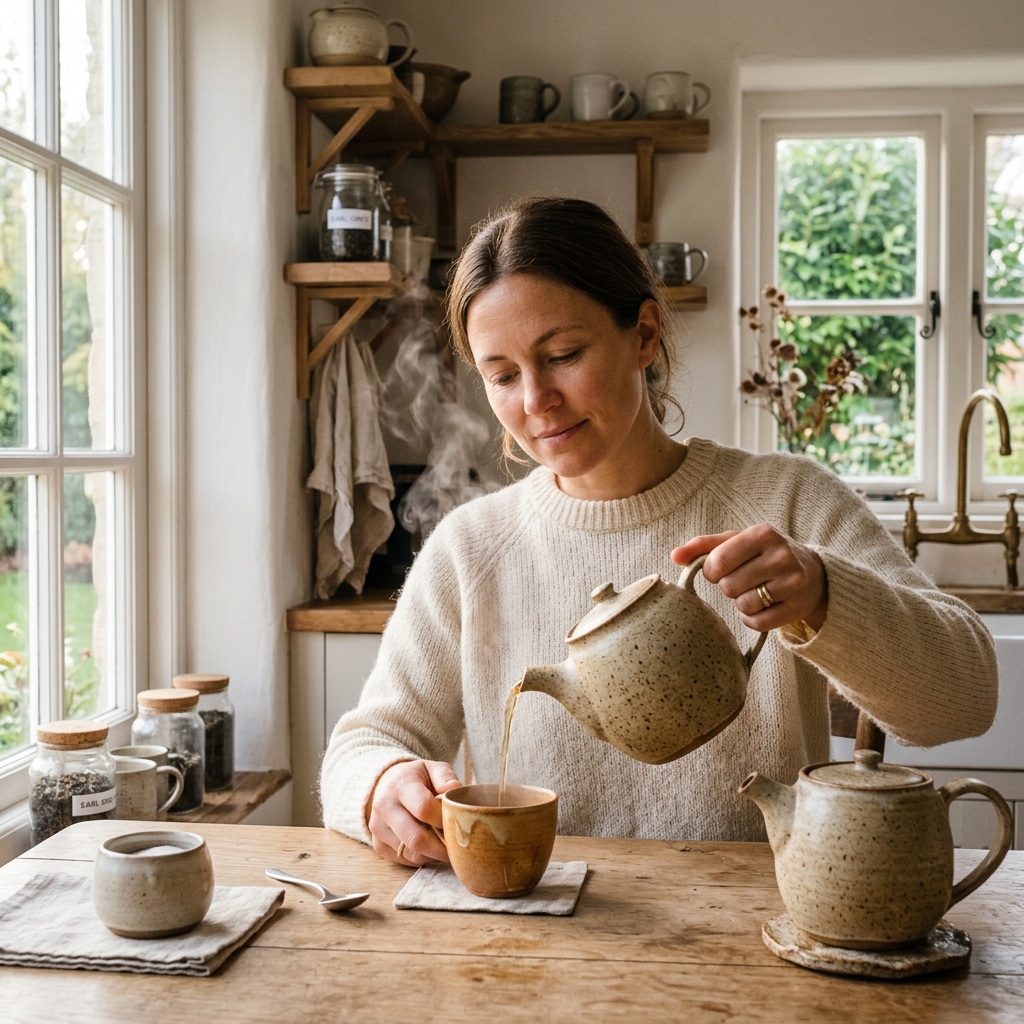 Hands cradling a warm cup of tea on a slow Nordic morning, representing the Scandinavian slow living philosophy