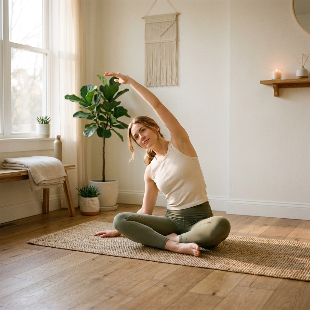 A minimalist illustration showcasing gentle, mindful body alignment and somatic stretching