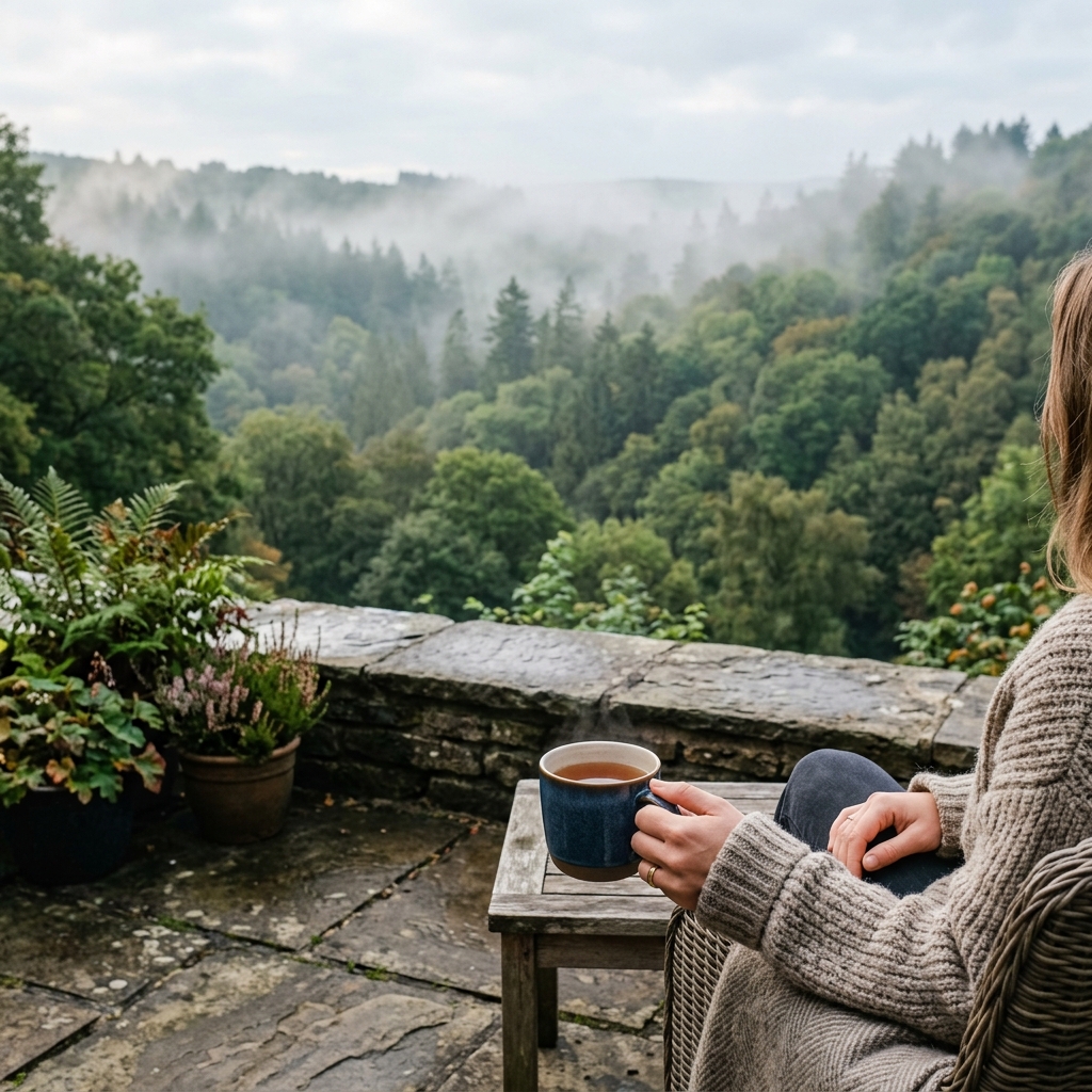 A person holding a warm mug on a stone patio overlooking a green forest shrouded in light fog